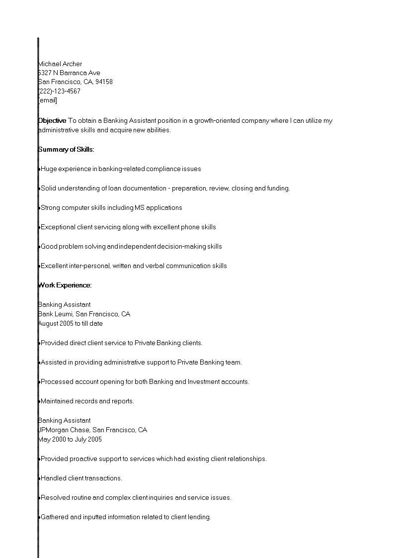 executive assistant banking resume template