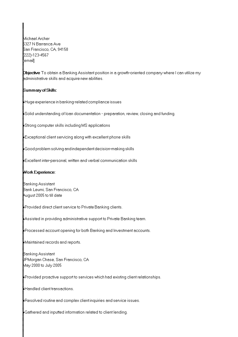 Executive Assistant Banking Resume main image