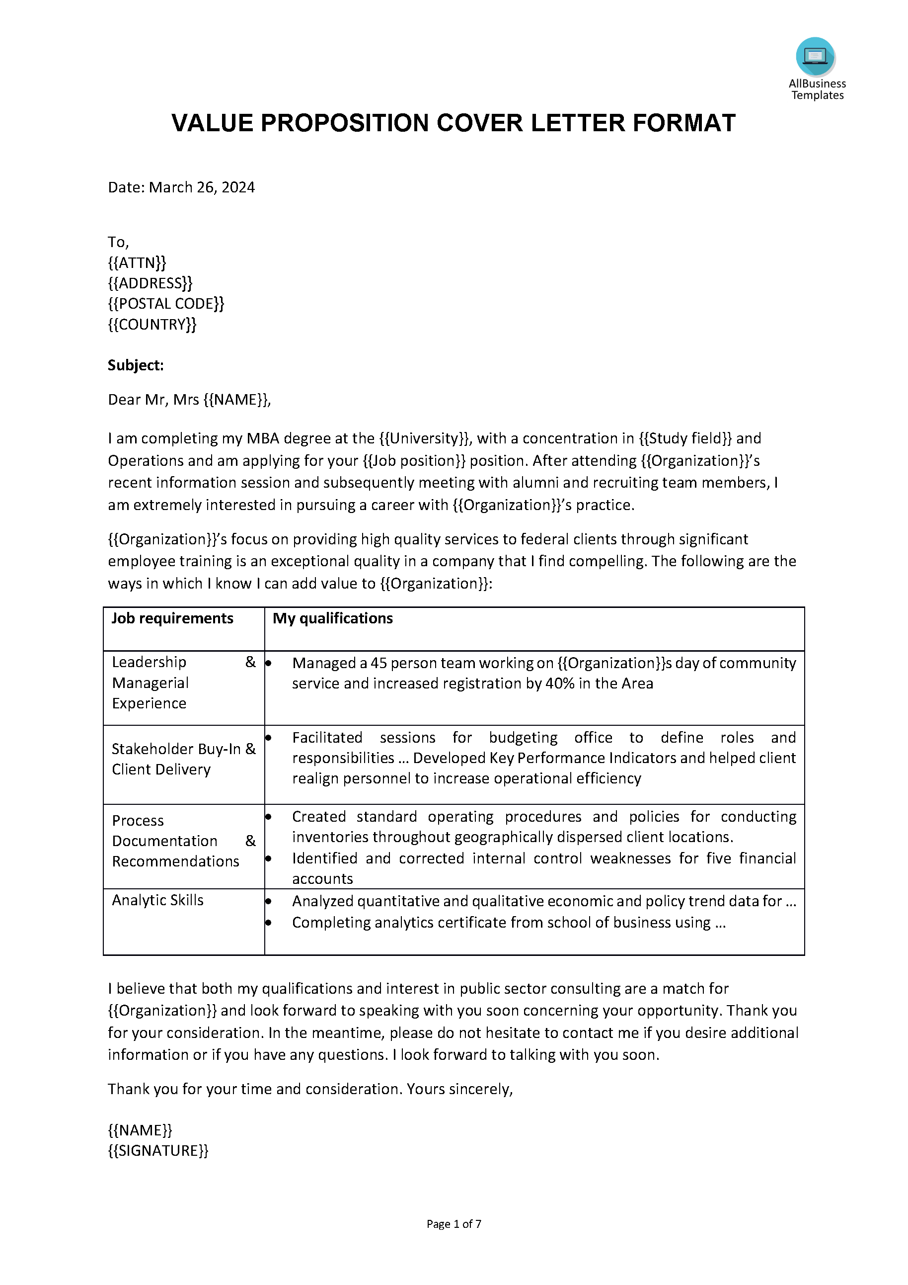 value proposition cover letter template