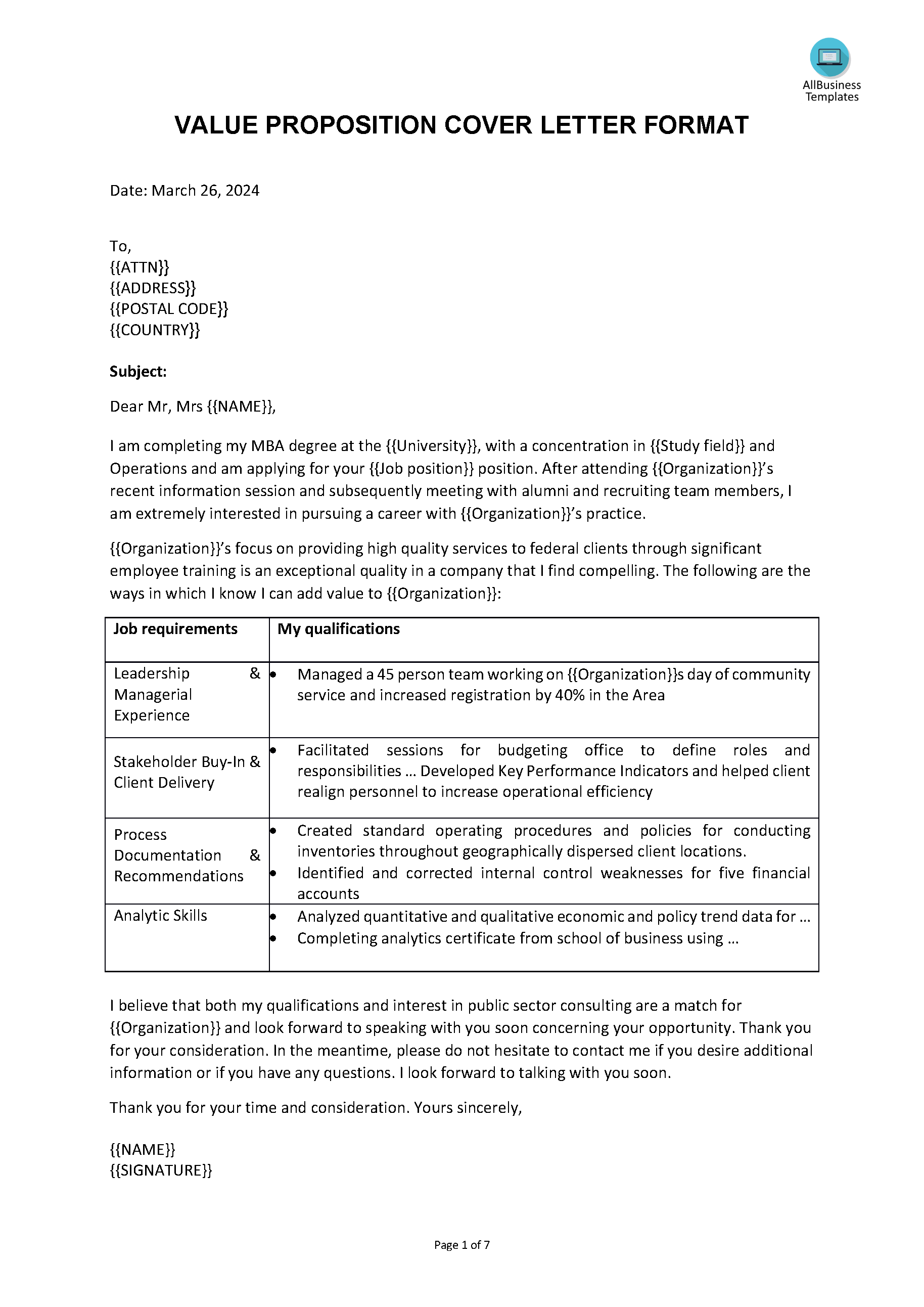 value proposition cover letter modèles