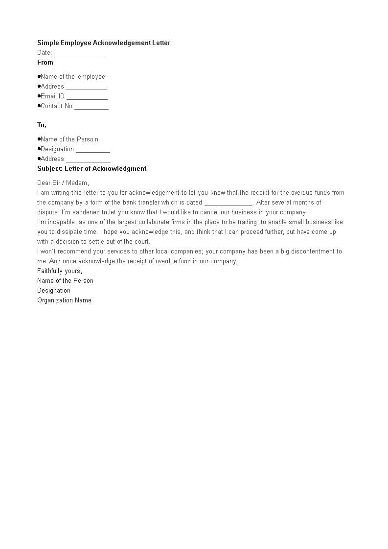 simple employee acknowledgement letter template