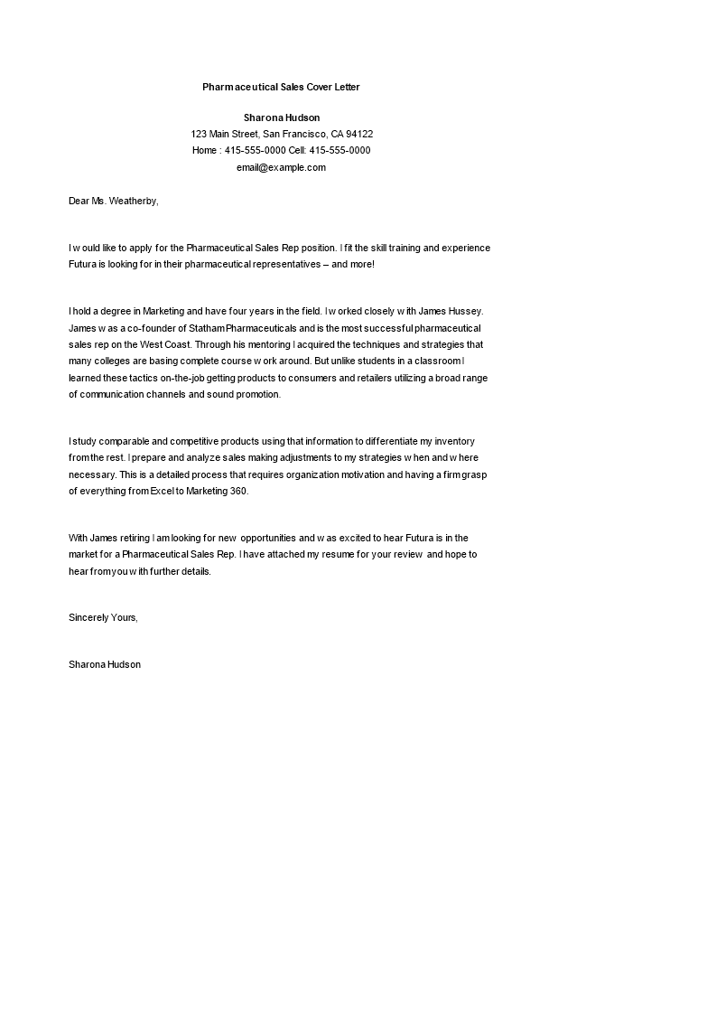 pharmaceutical cover letter sample