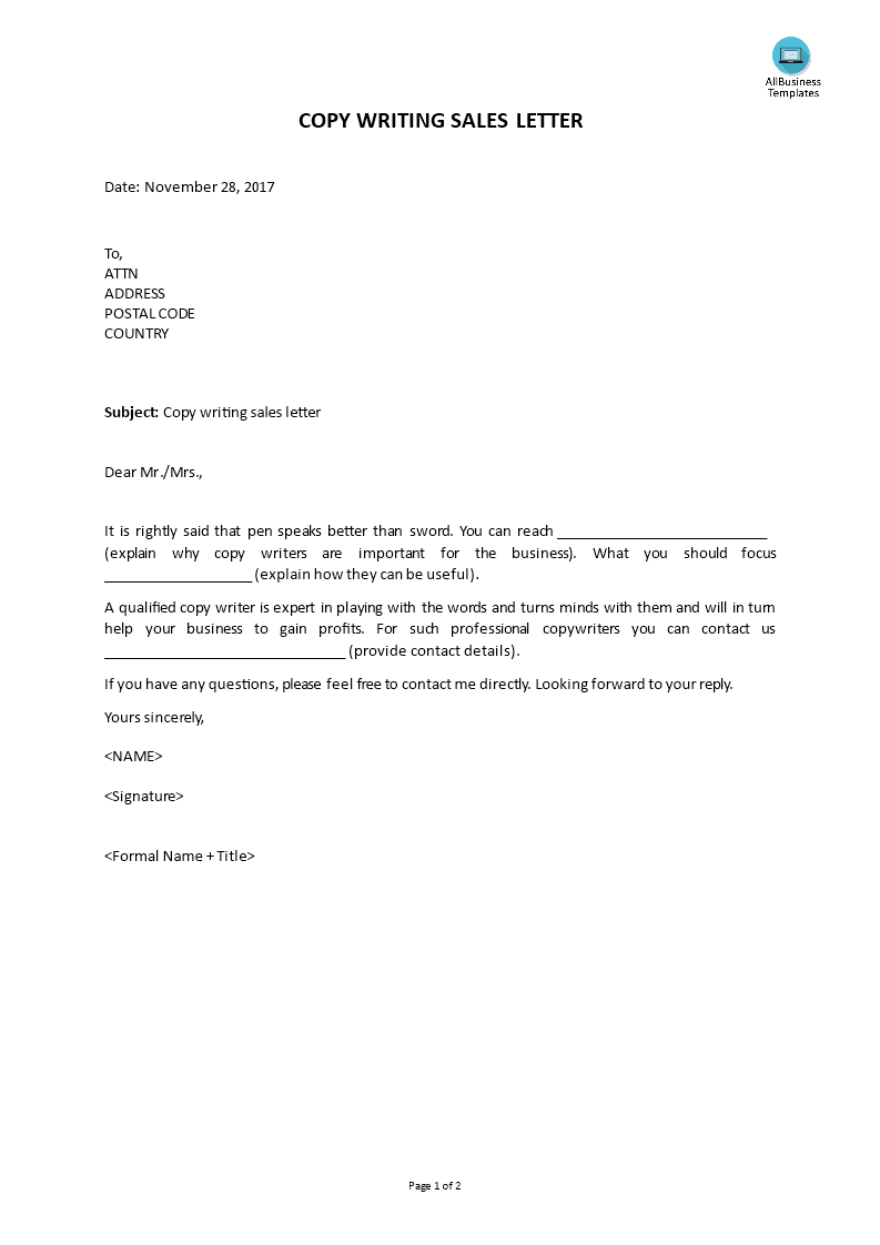 copywriting sales letter template