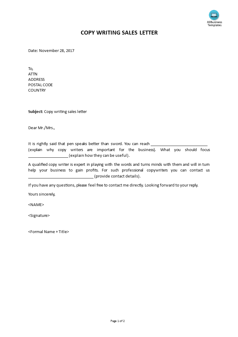 copywriting sales letter voorbeeld afbeelding 