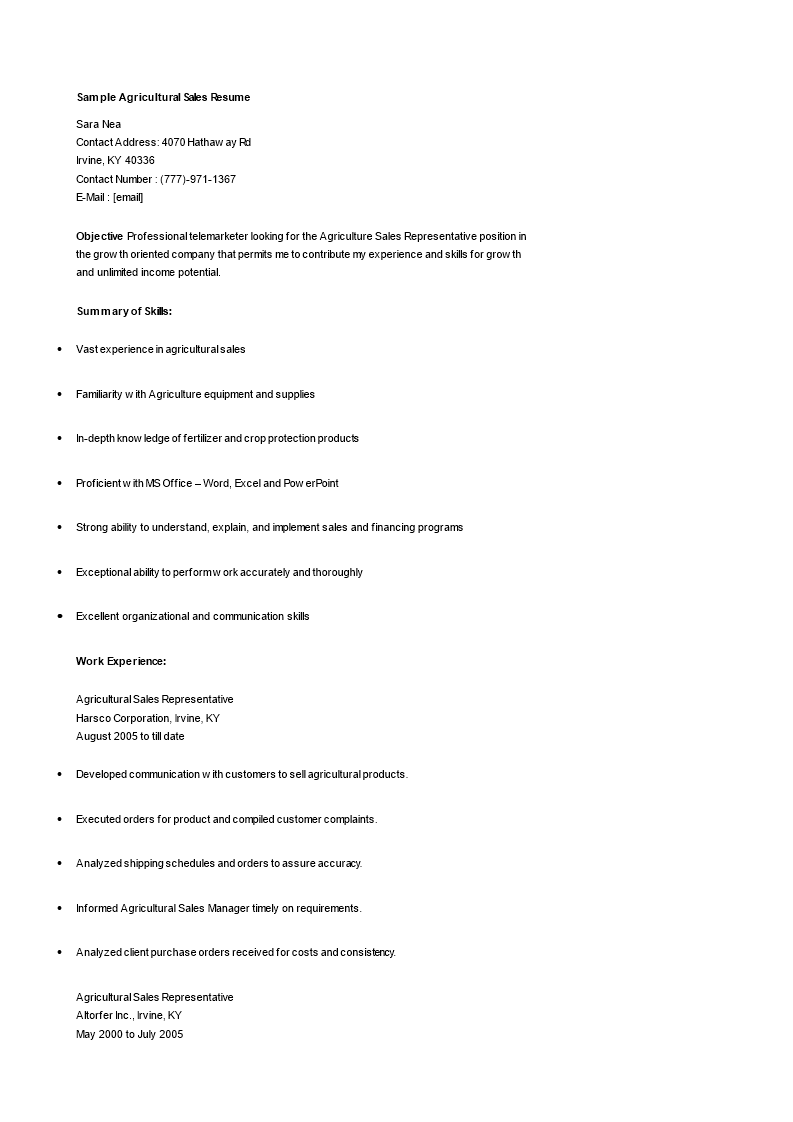 agriculture sales resume template