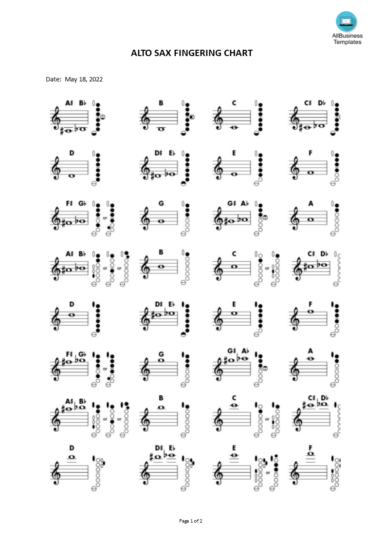 Alto Sax Fingering chart 模板