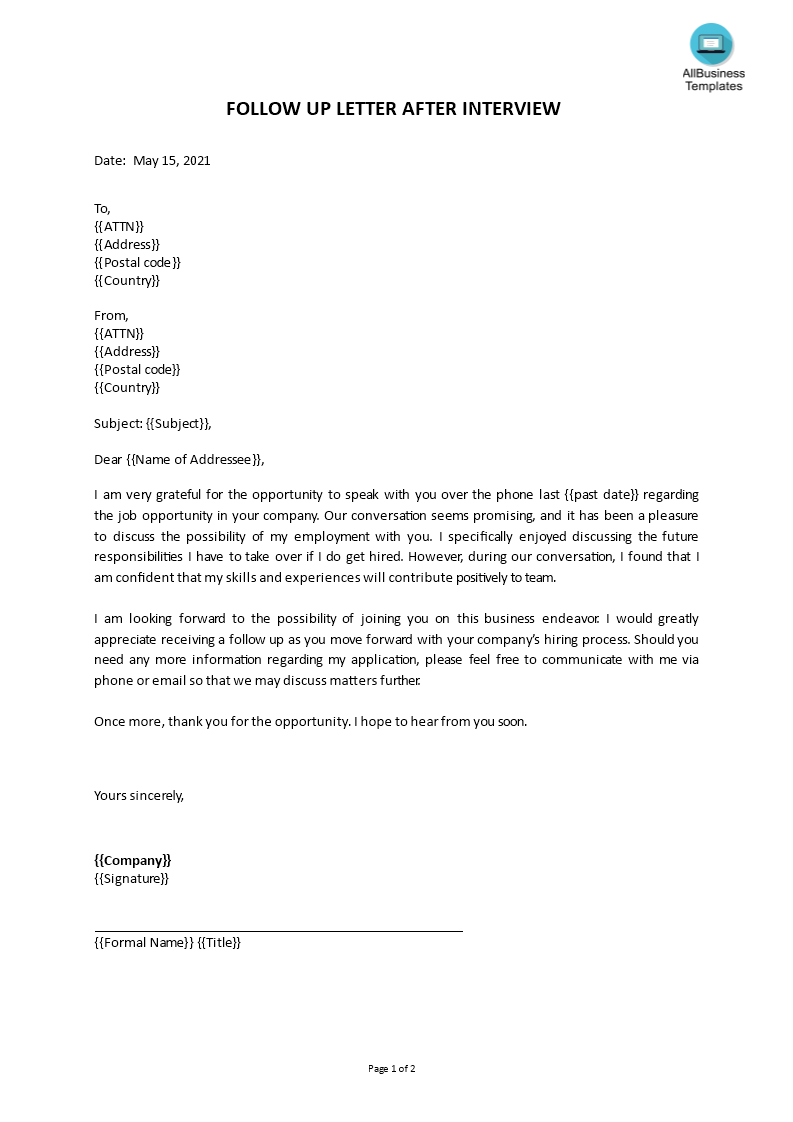 follow up letter after interview template