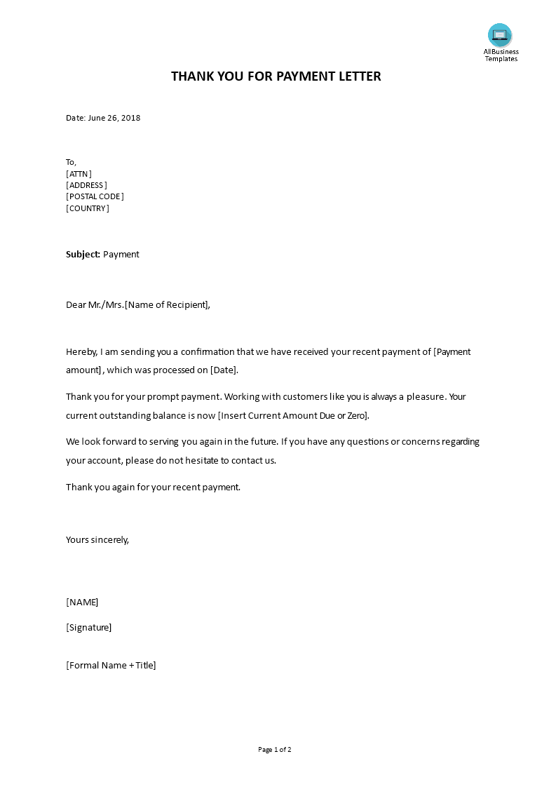 payment thank you letter format template