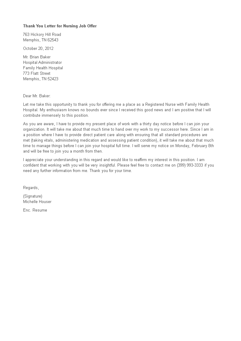Nursing Job Offer Thank You Letter 模板