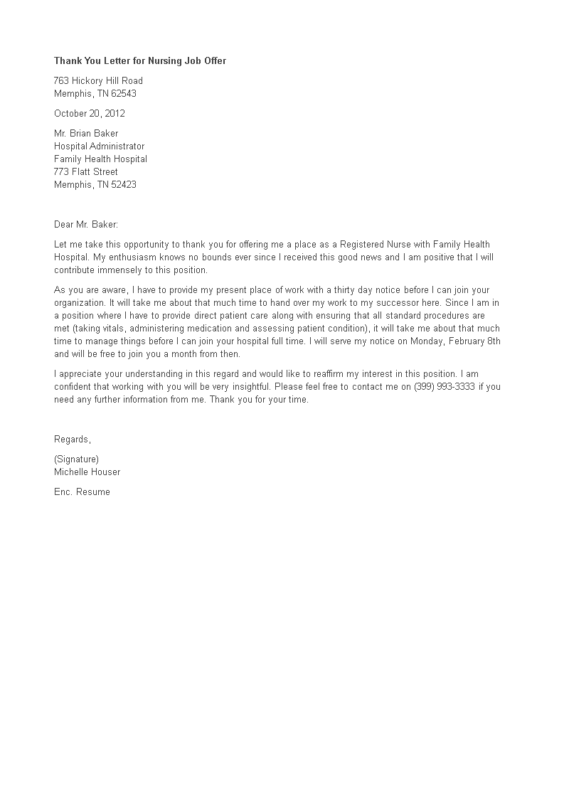 nursing job offer thank you letter template