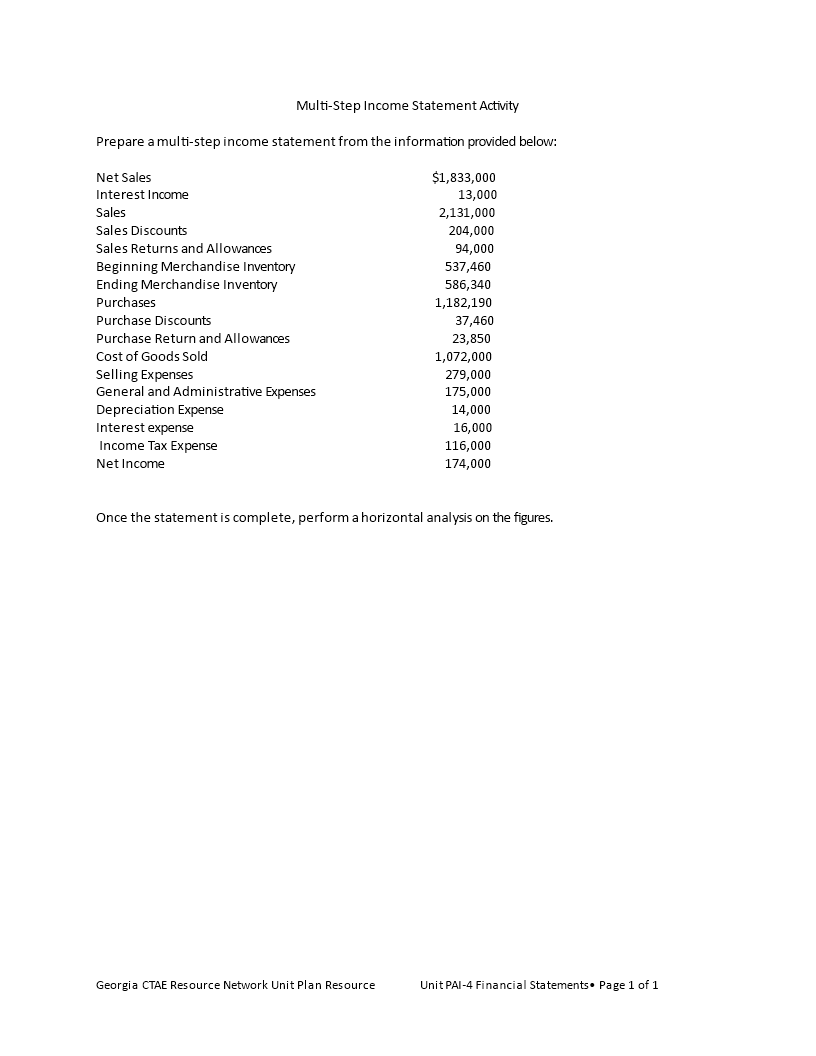 multi step income statement for job voorbeeld afbeelding 