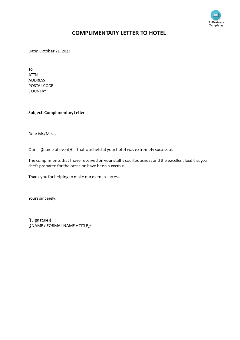 complimentary letter to hotel Hauptschablonenbild