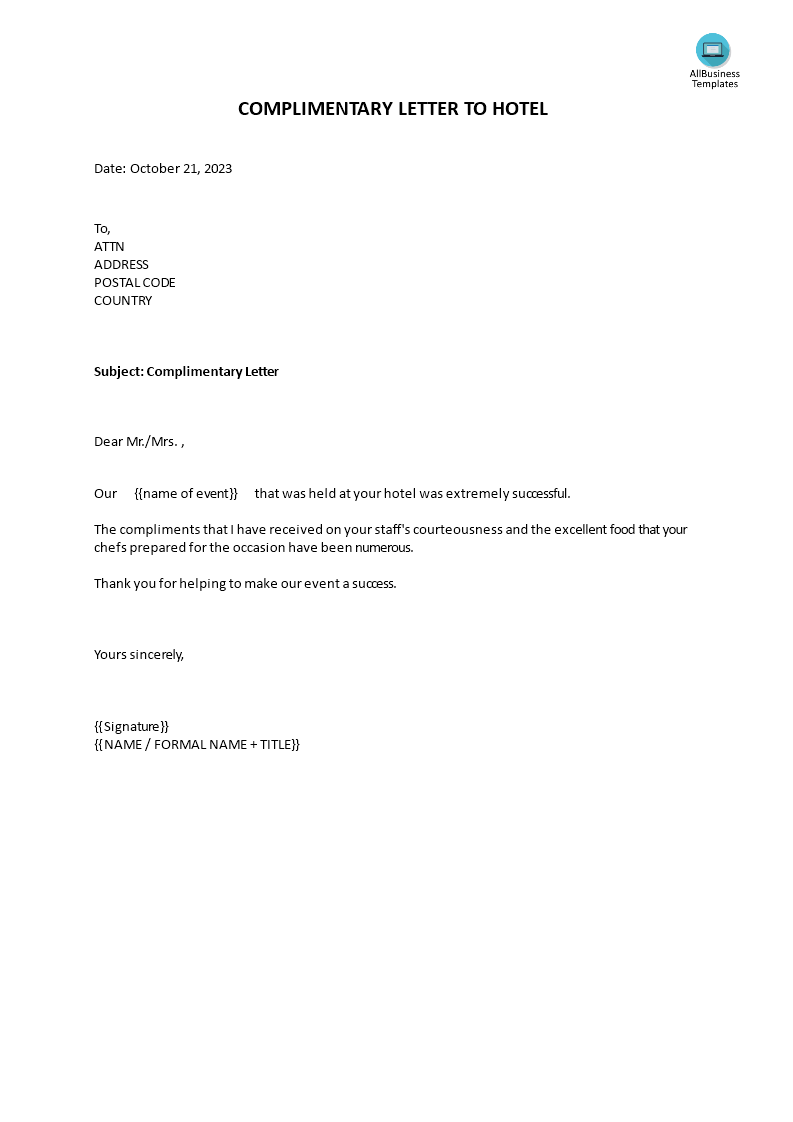 Complimentary Letter To Hotel main image