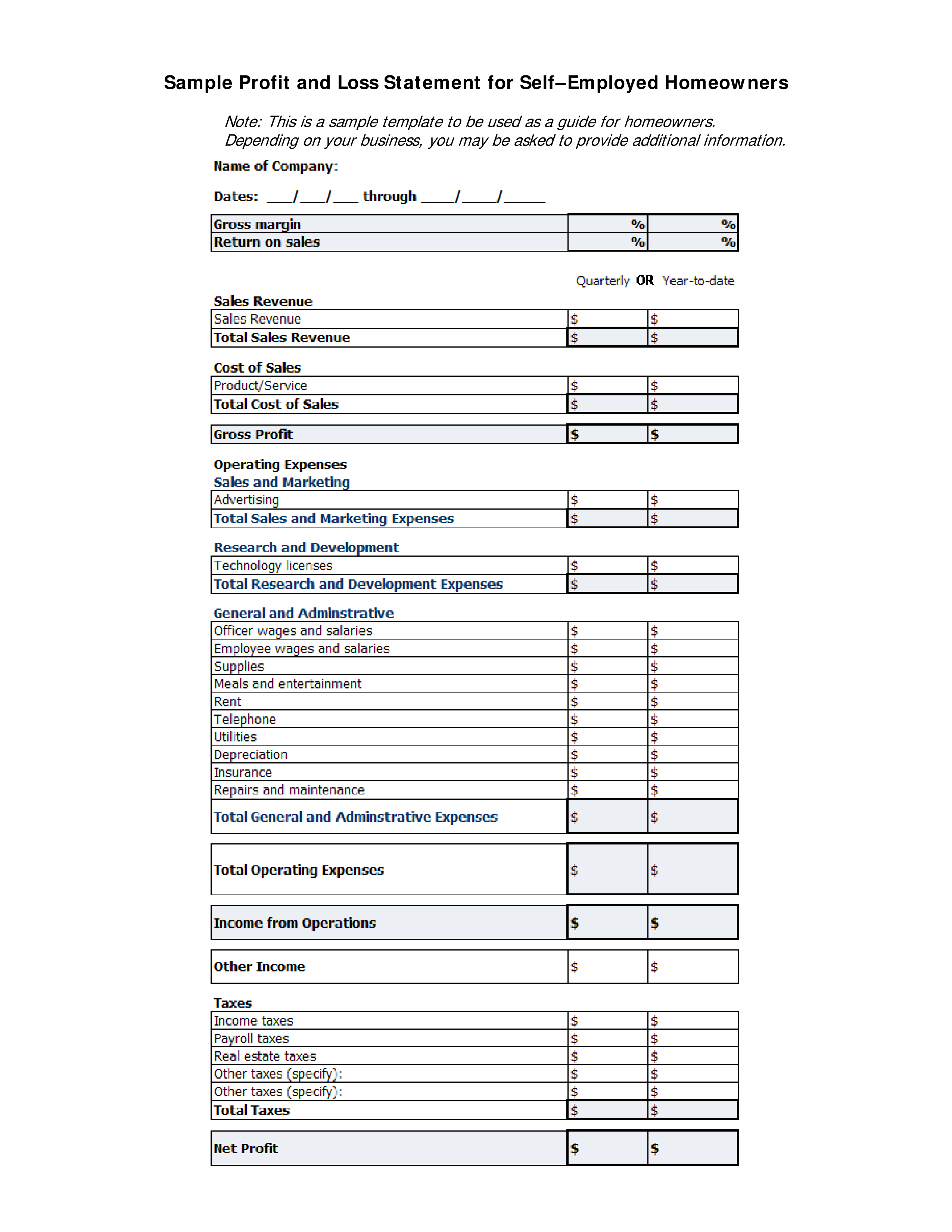 Printable Profit And Loss Statement Form main image