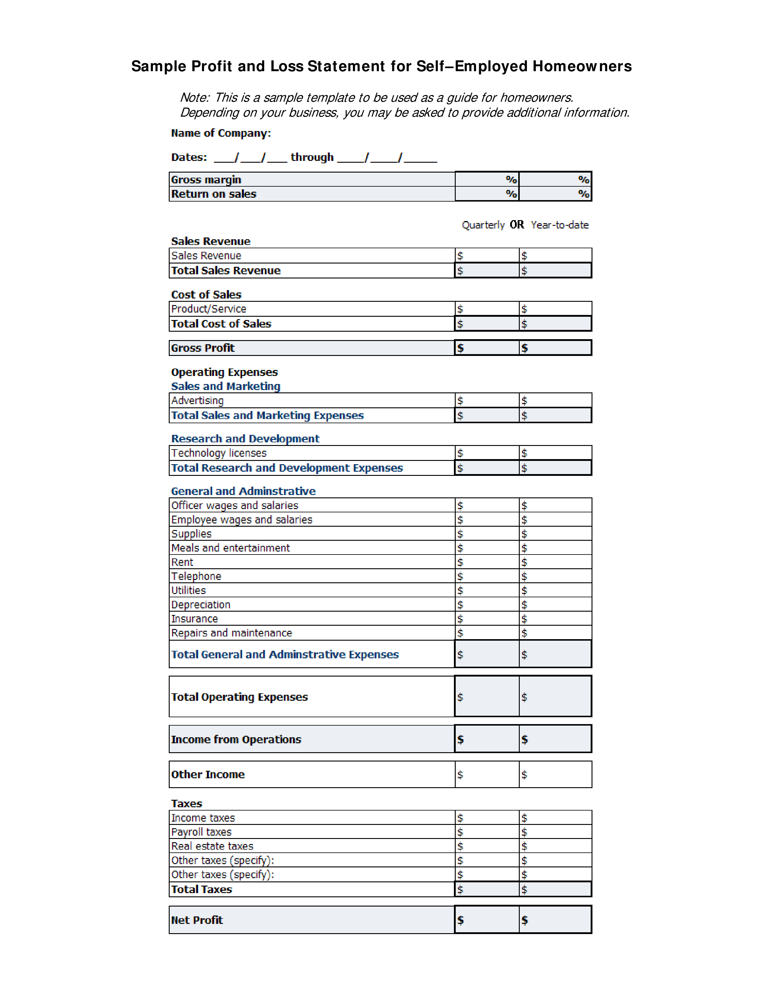 Printable Profit And Loss Statement Form Templates At Allbusinesstemplates