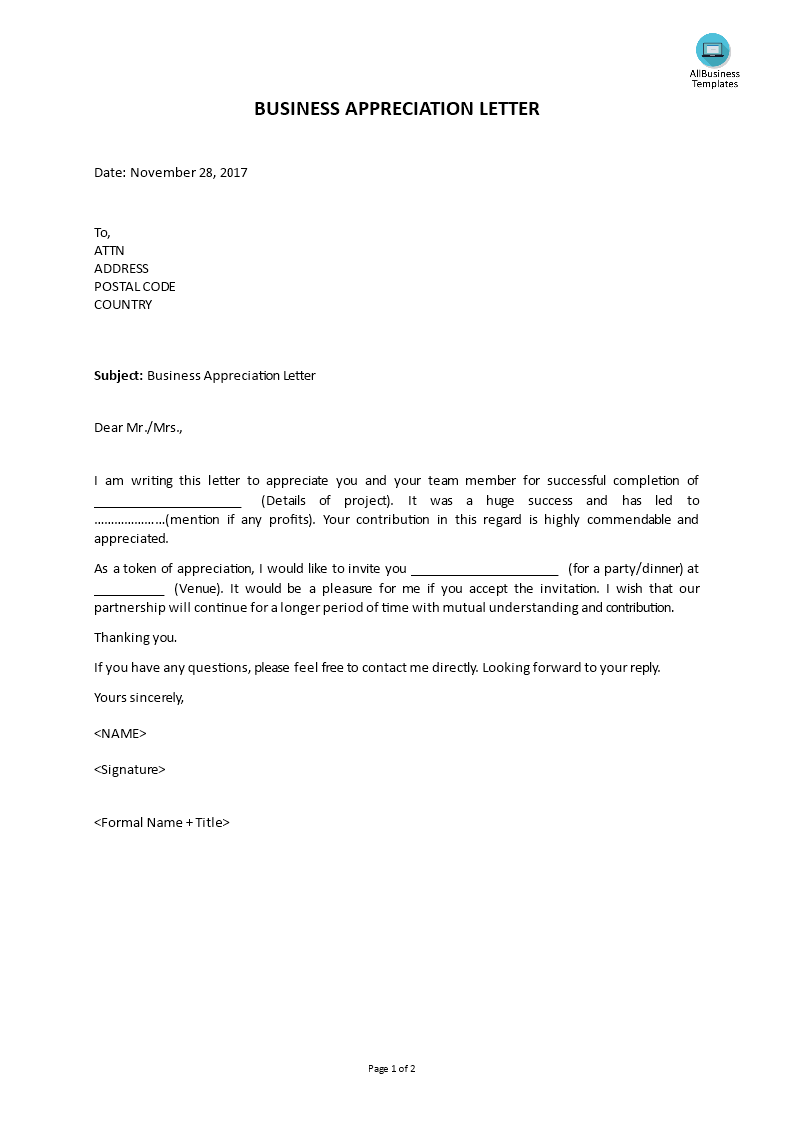 business appreciation letter template voorbeeld afbeelding 