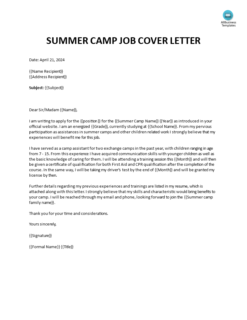 summer camp job cover letter voorbeeld afbeelding 