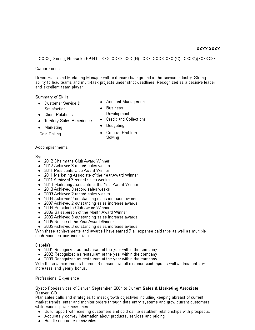 Sales And Marketing Associate Resume 模板