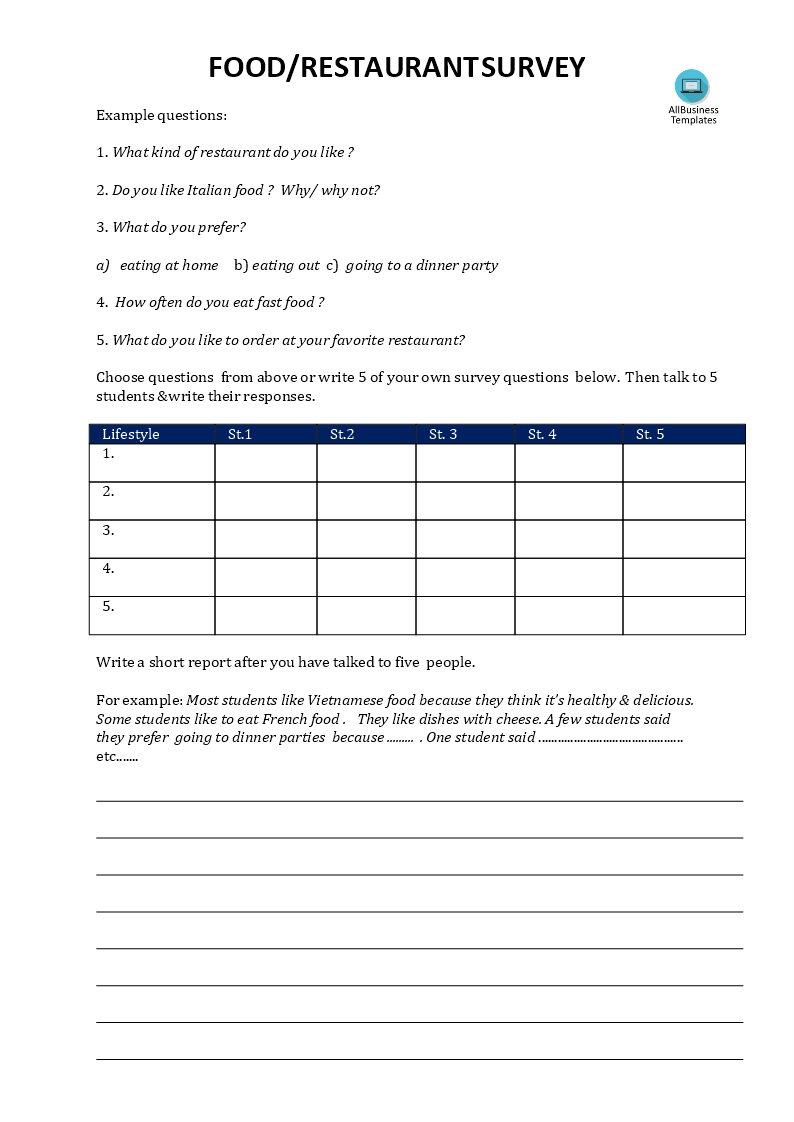 sample restaurant survey questionnaire voorbeeld afbeelding 