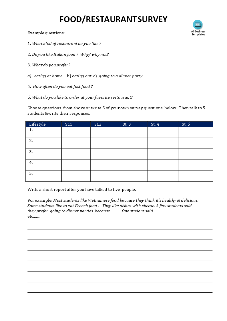 sample restaurant survey questionnaire template