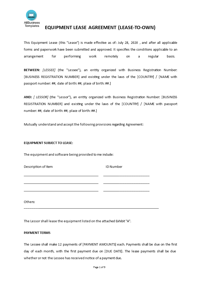 equipment lease agreement (lease-to-own) template