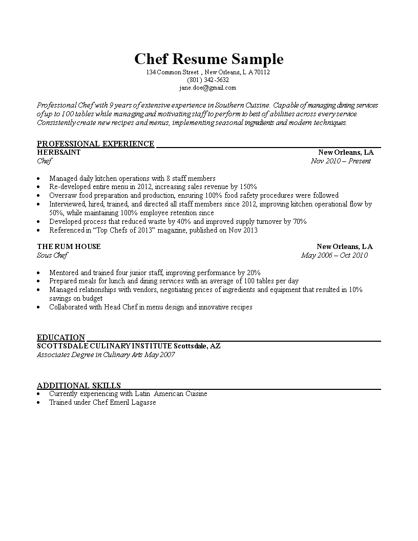 chef resume sample modèles