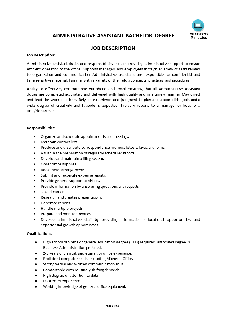 administrative assistant bachelor degree job description voorbeeld afbeelding 