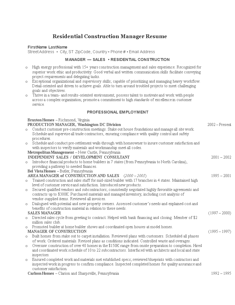 residential construction manager resume template