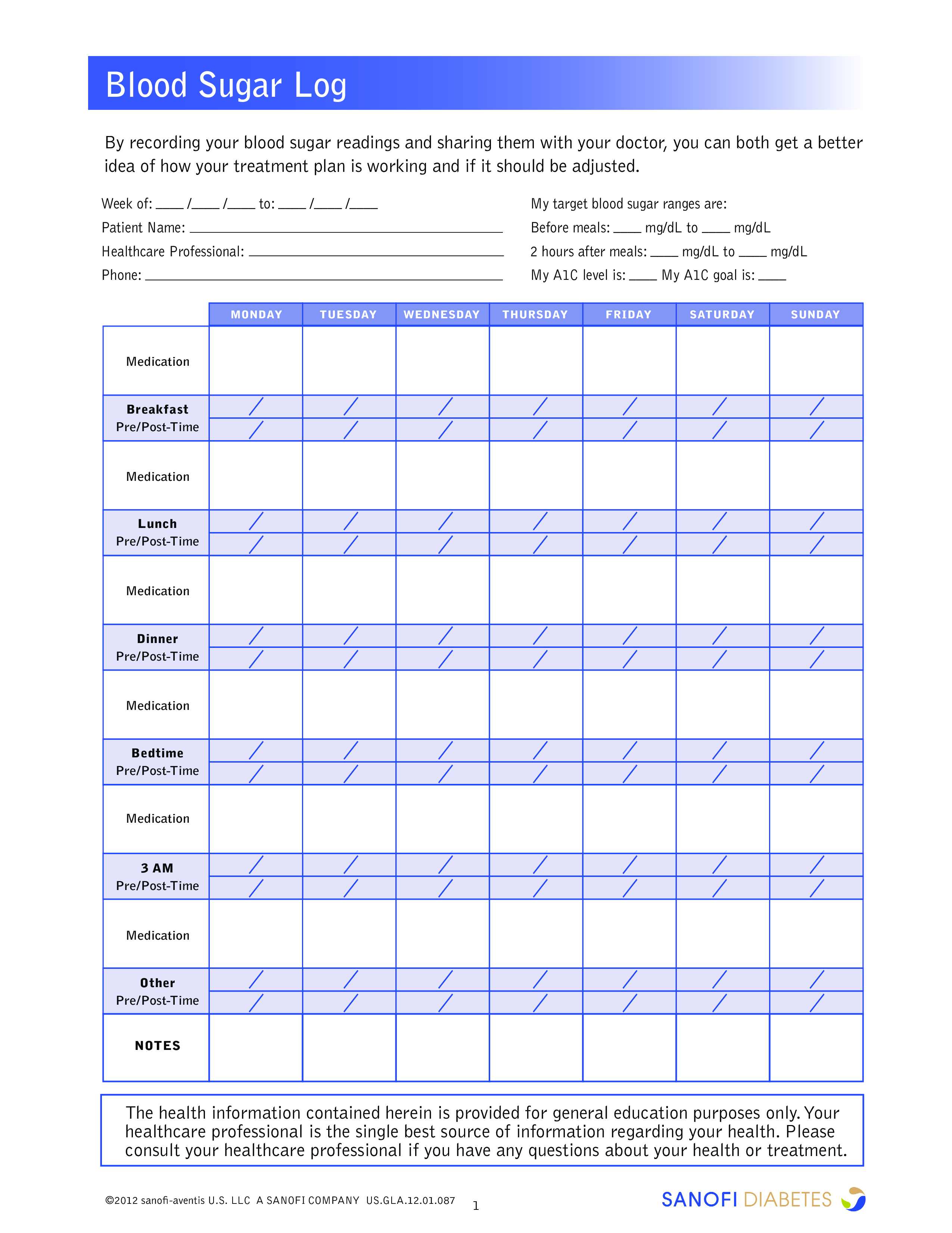 Blood Sugar Log Printable Free