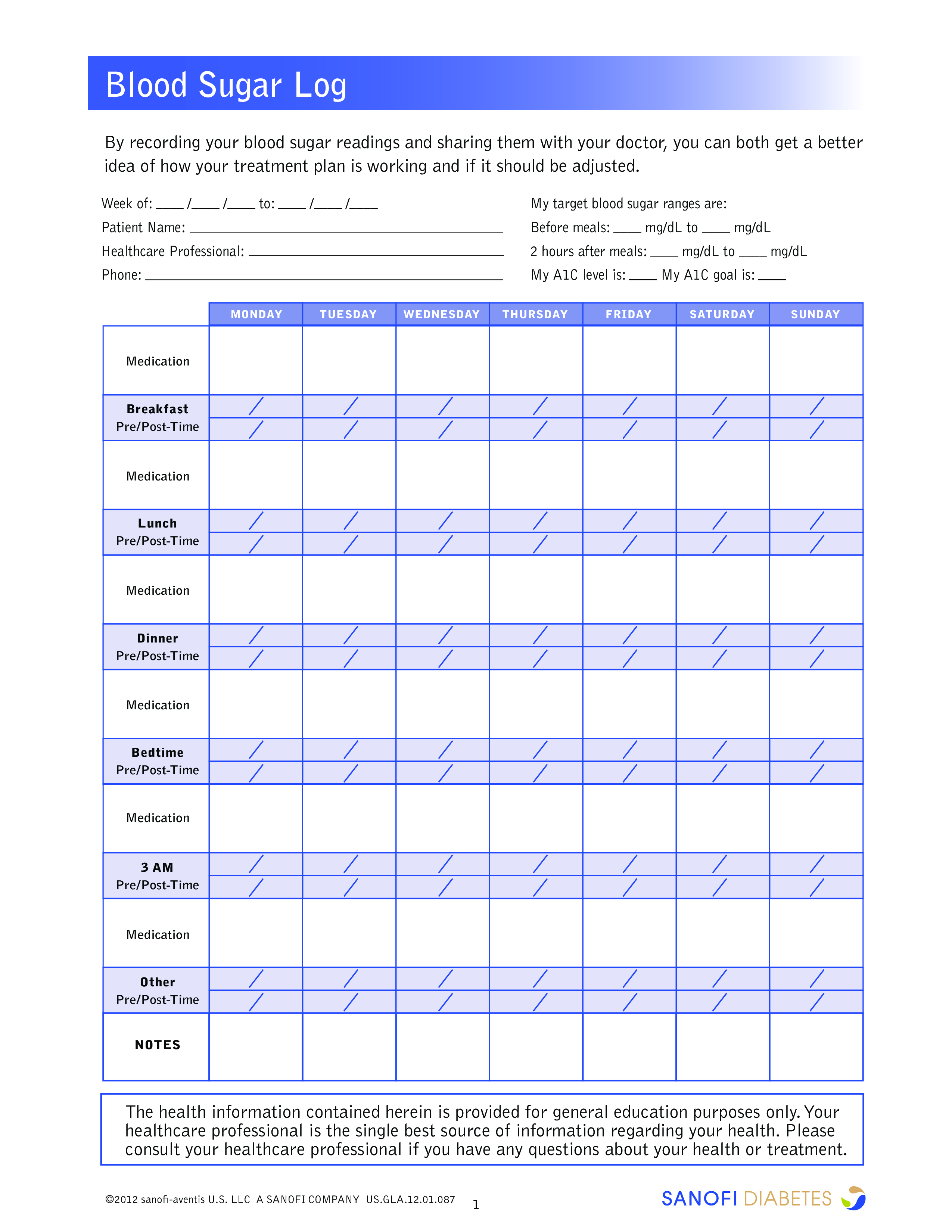 Blank Blood Sugar Log Templates At Allbusinesstemplates