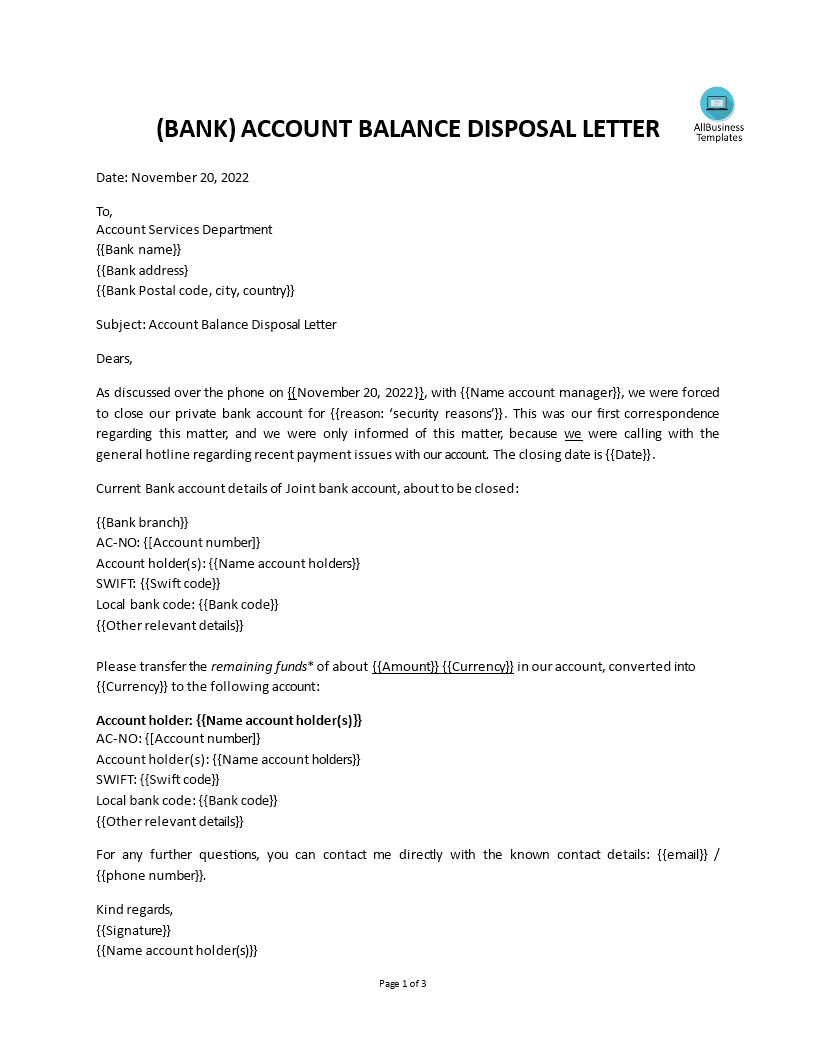 account balance disposal letter Hauptschablonenbild