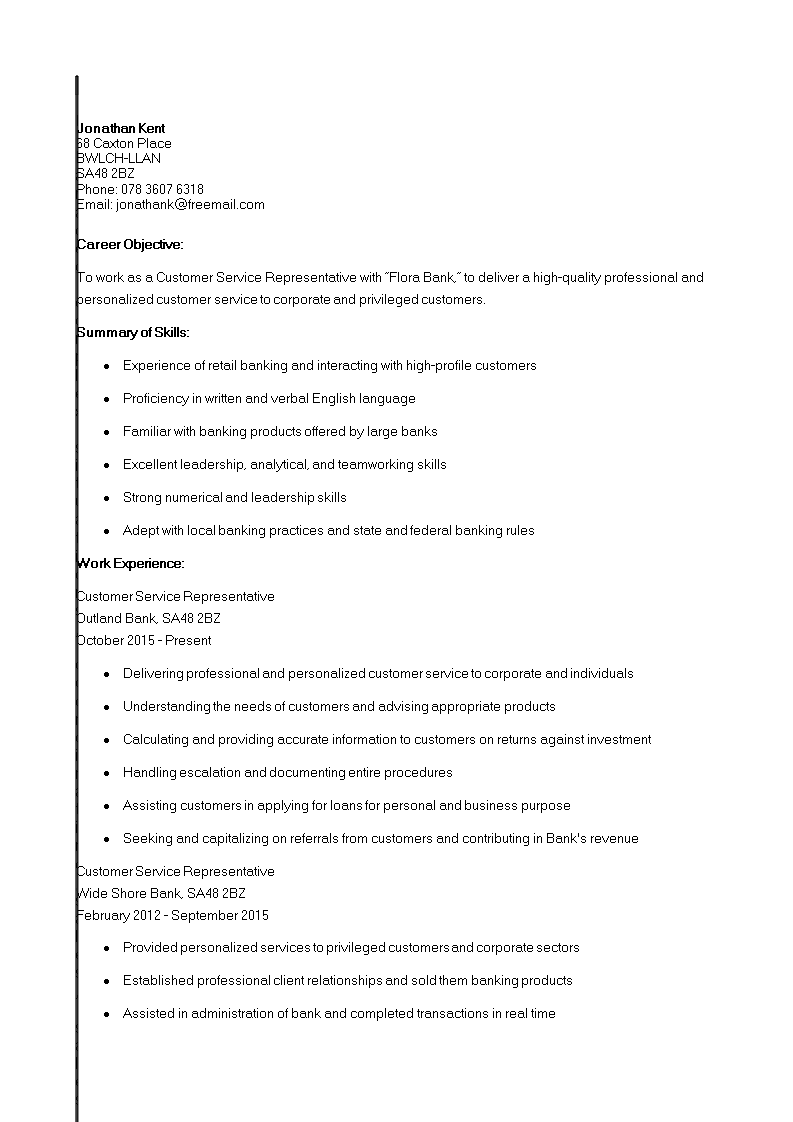 retail banking experience cv template