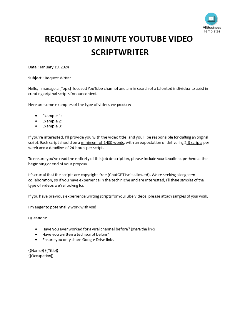Request Video Script writer 模板