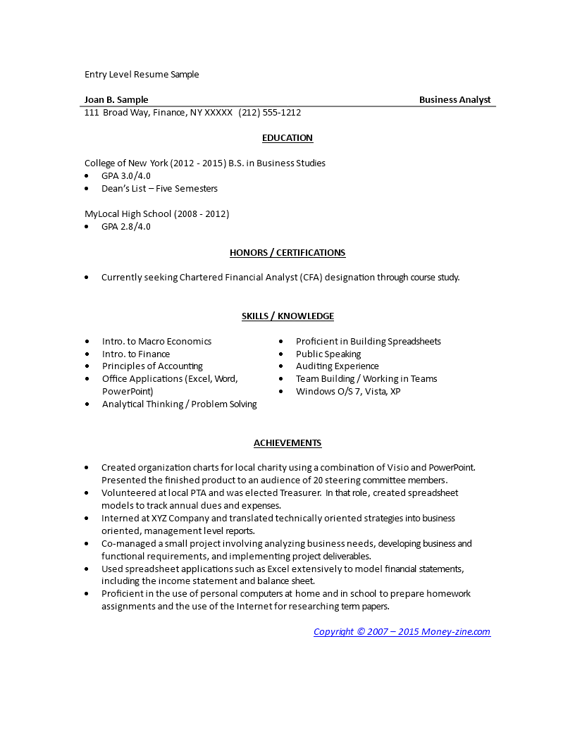 entry level resume sample modèles