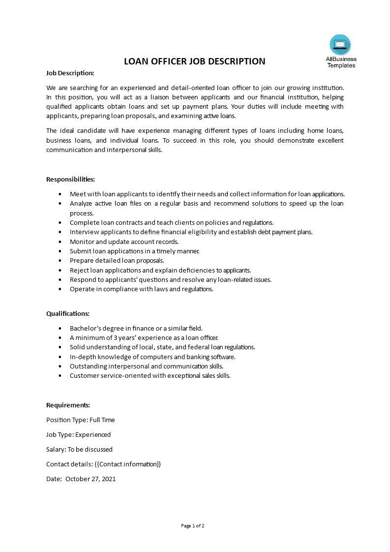 loan officer job description voorbeeld afbeelding 