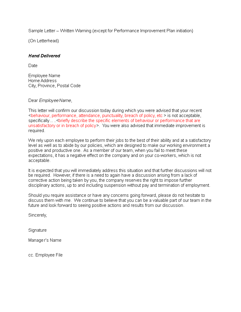 final written warning letter to employee template