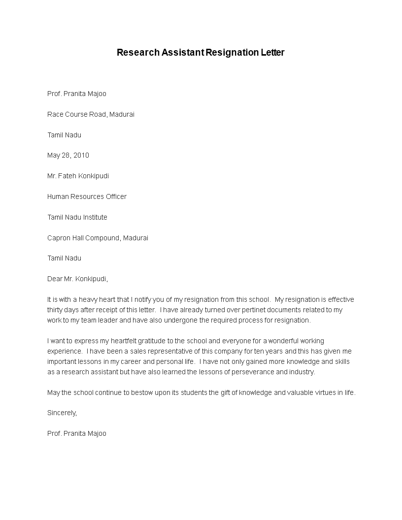 research assistant resignation letter template