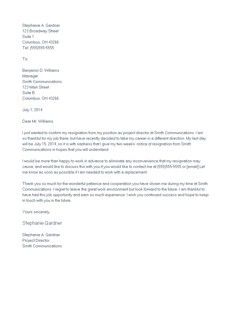 Project Director Resignation Letter To Boss Templates at