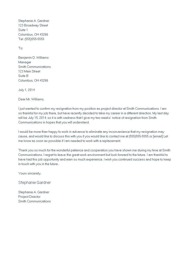 Project Director Resignation Letter To Boss main image