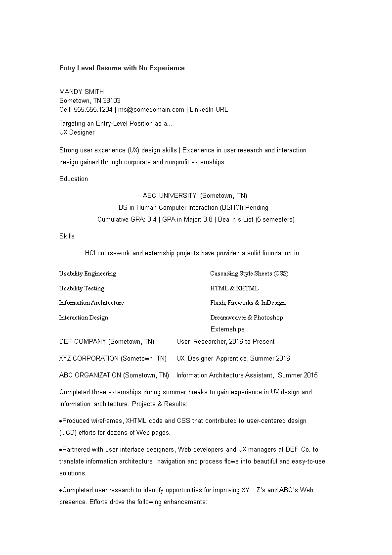 entry level resume with no experience Hauptschablonenbild