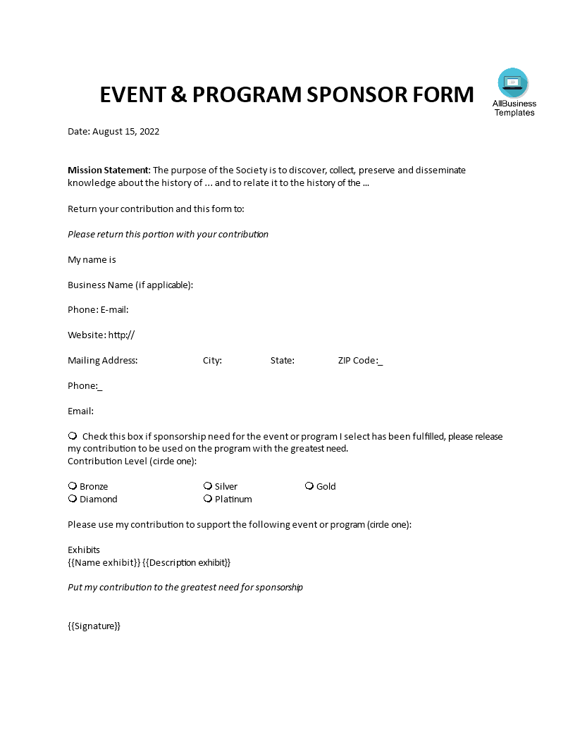 event and program sponsor form Hauptschablonenbild