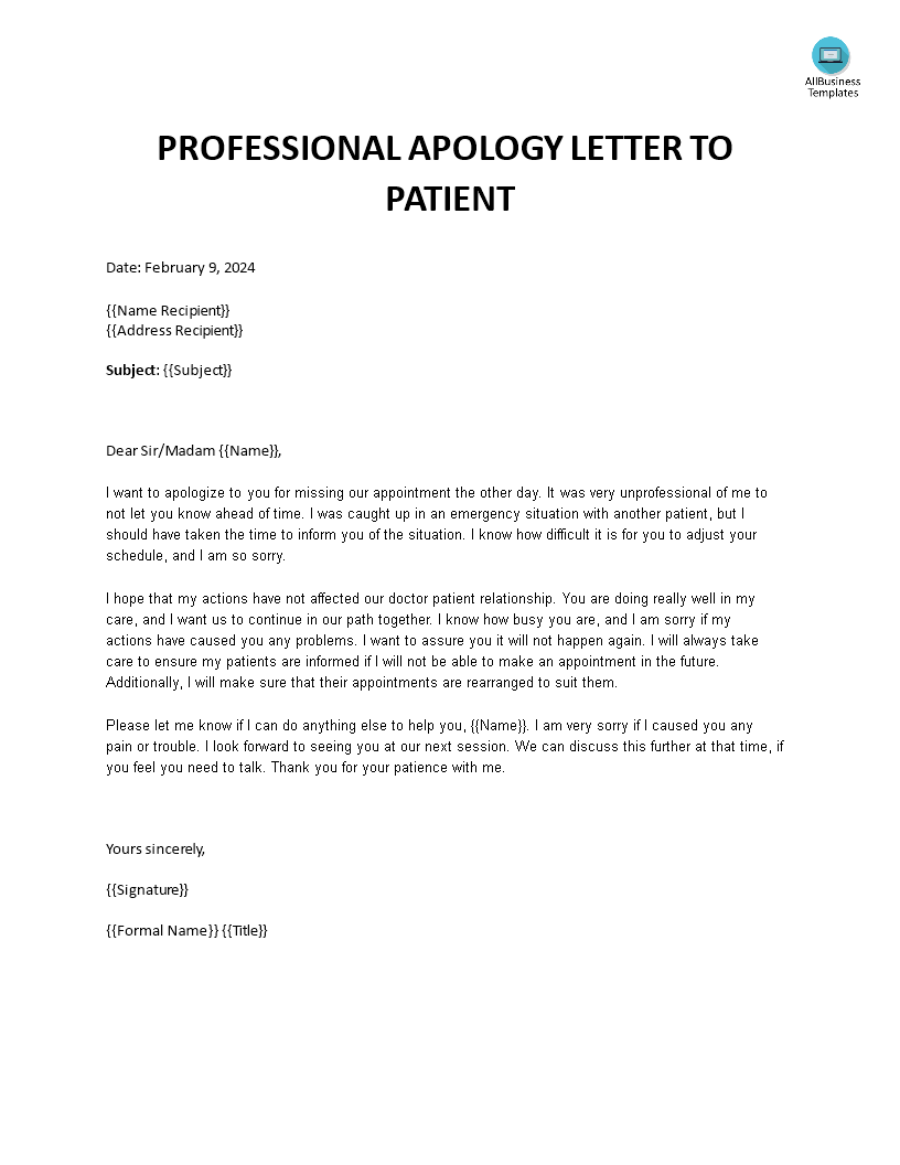 professional apology letter to patient modèles