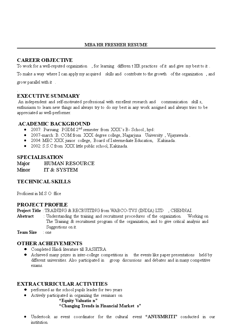 human resources resume summary examples for freshers