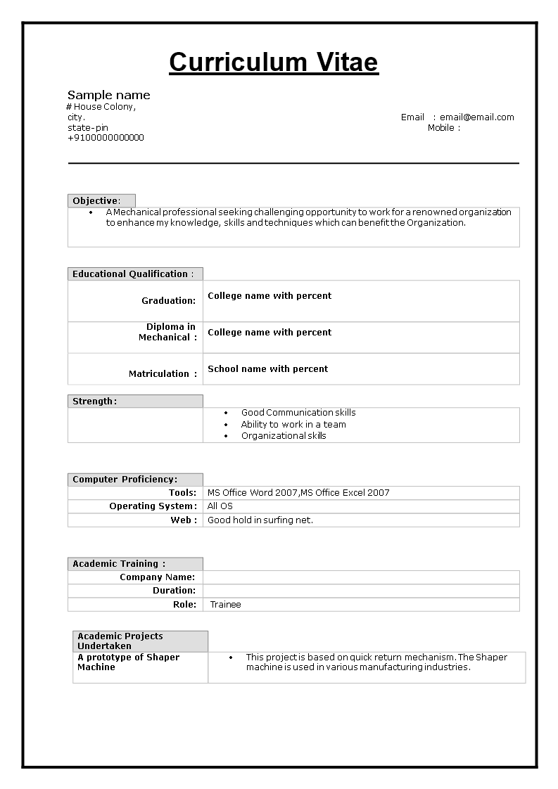 Resume Format For Mechanical Engineer Fresher 模板