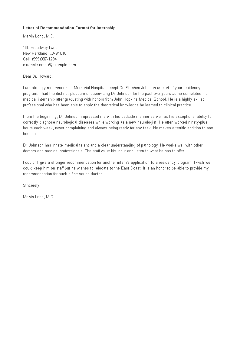 letter of recommendation format for internship modèles