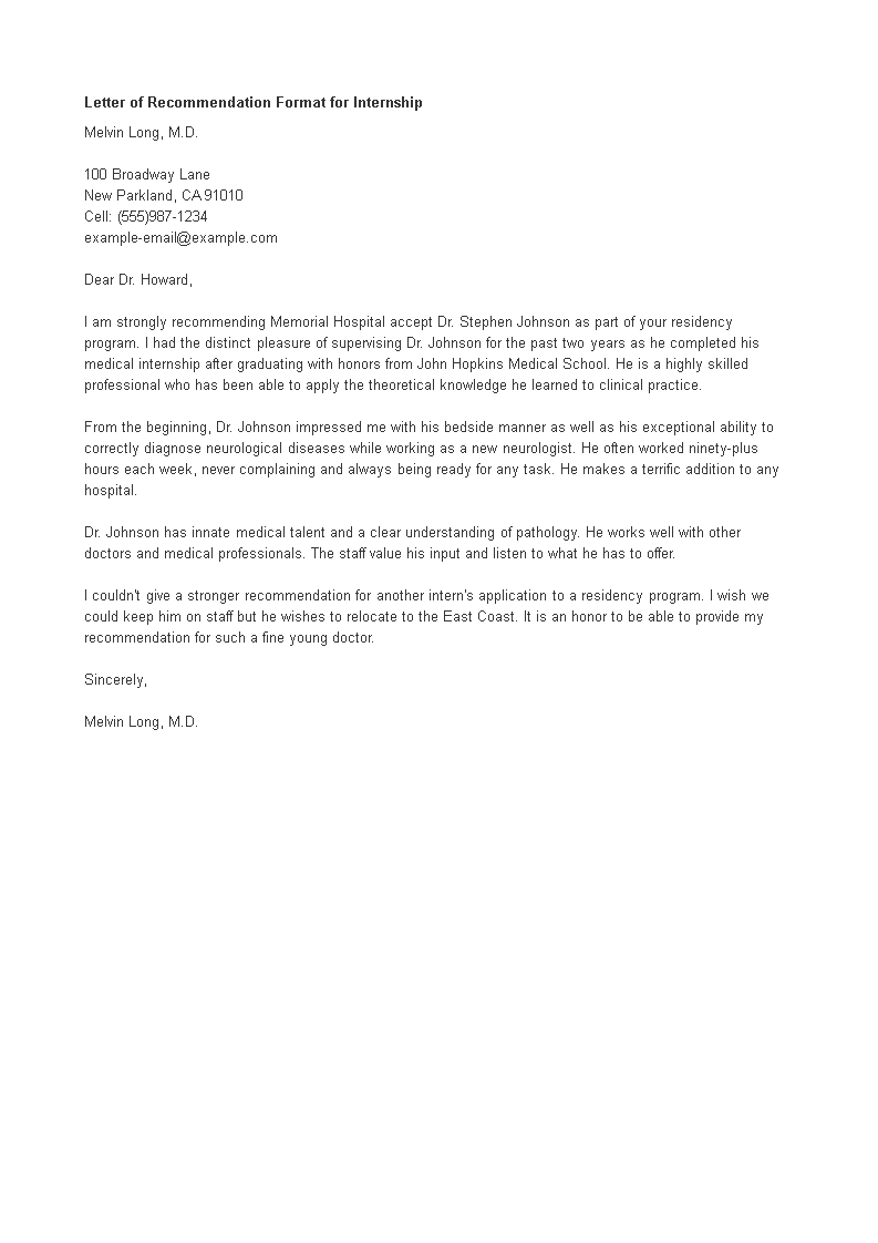 letter of recommendation format for internship template