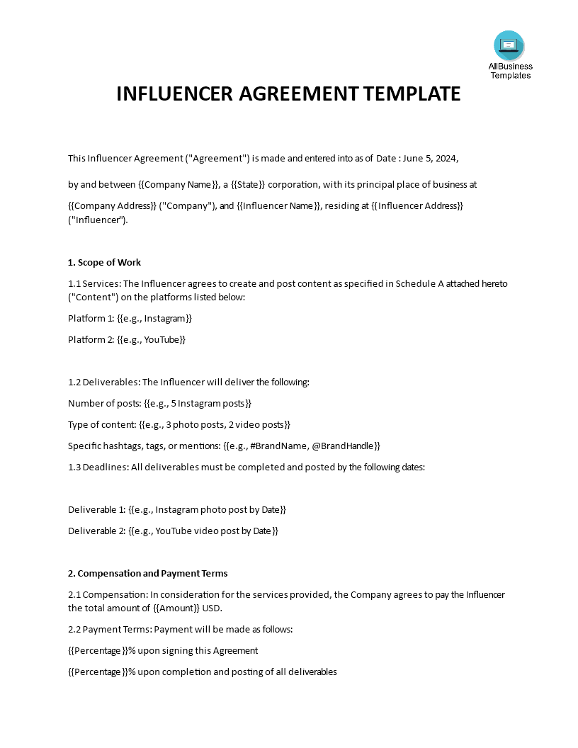 Influencer Agreement Template 模板