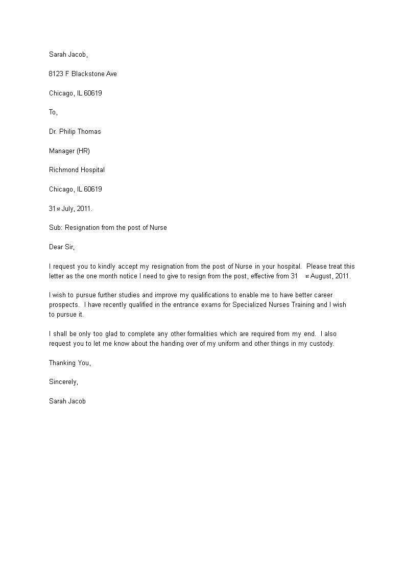 resignation letter for nurse template