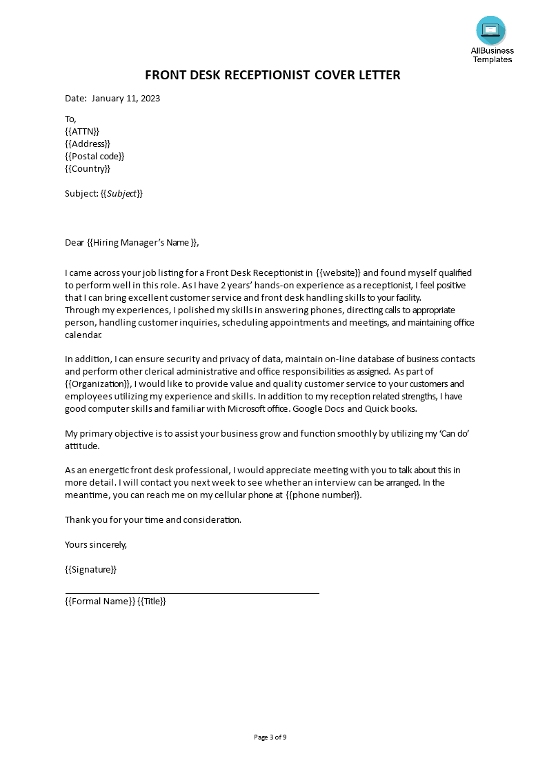 front desk receptionist job application letter Hauptschablonenbild