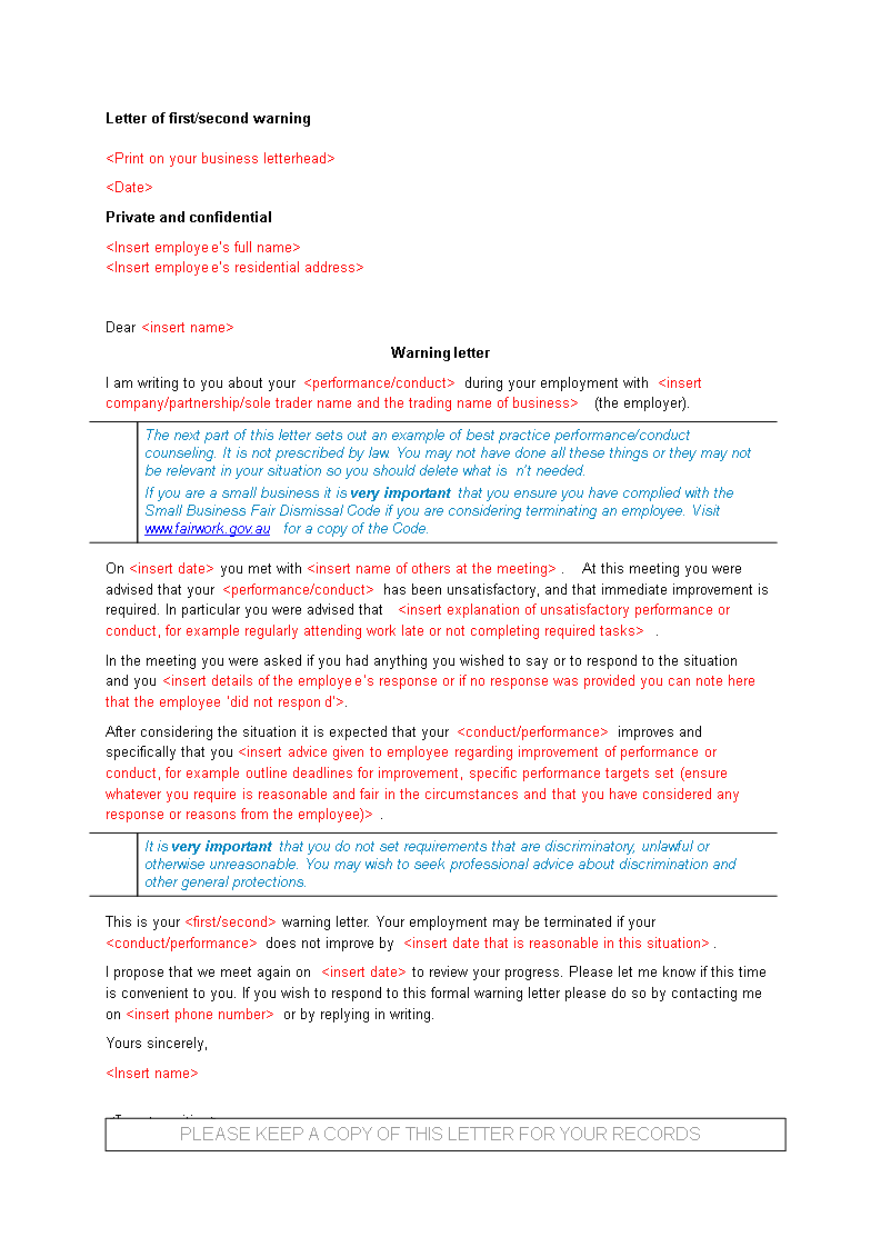 letter of first and second warning modèles